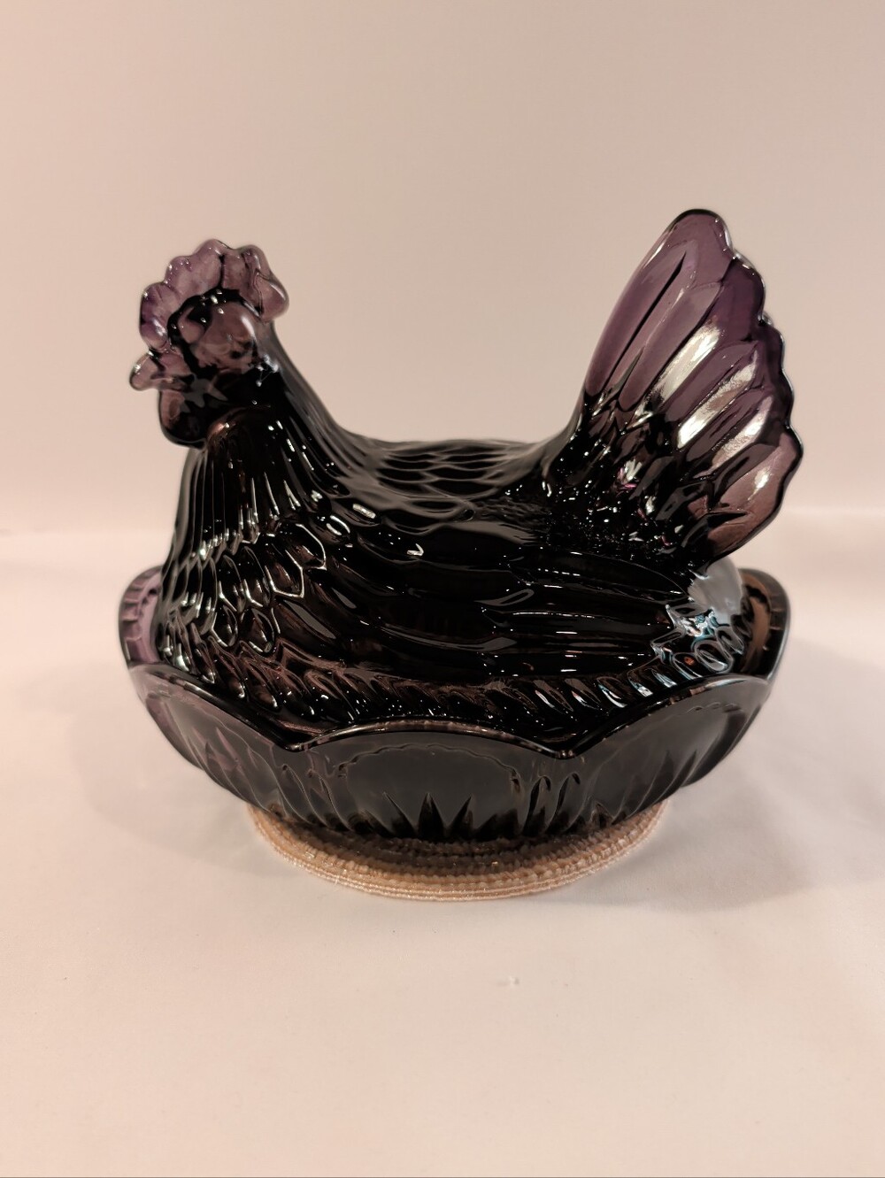 Covered Dish Hen Nest Black Obsidian Glass Halloween 6.75" x 6" Tall w/Coaster